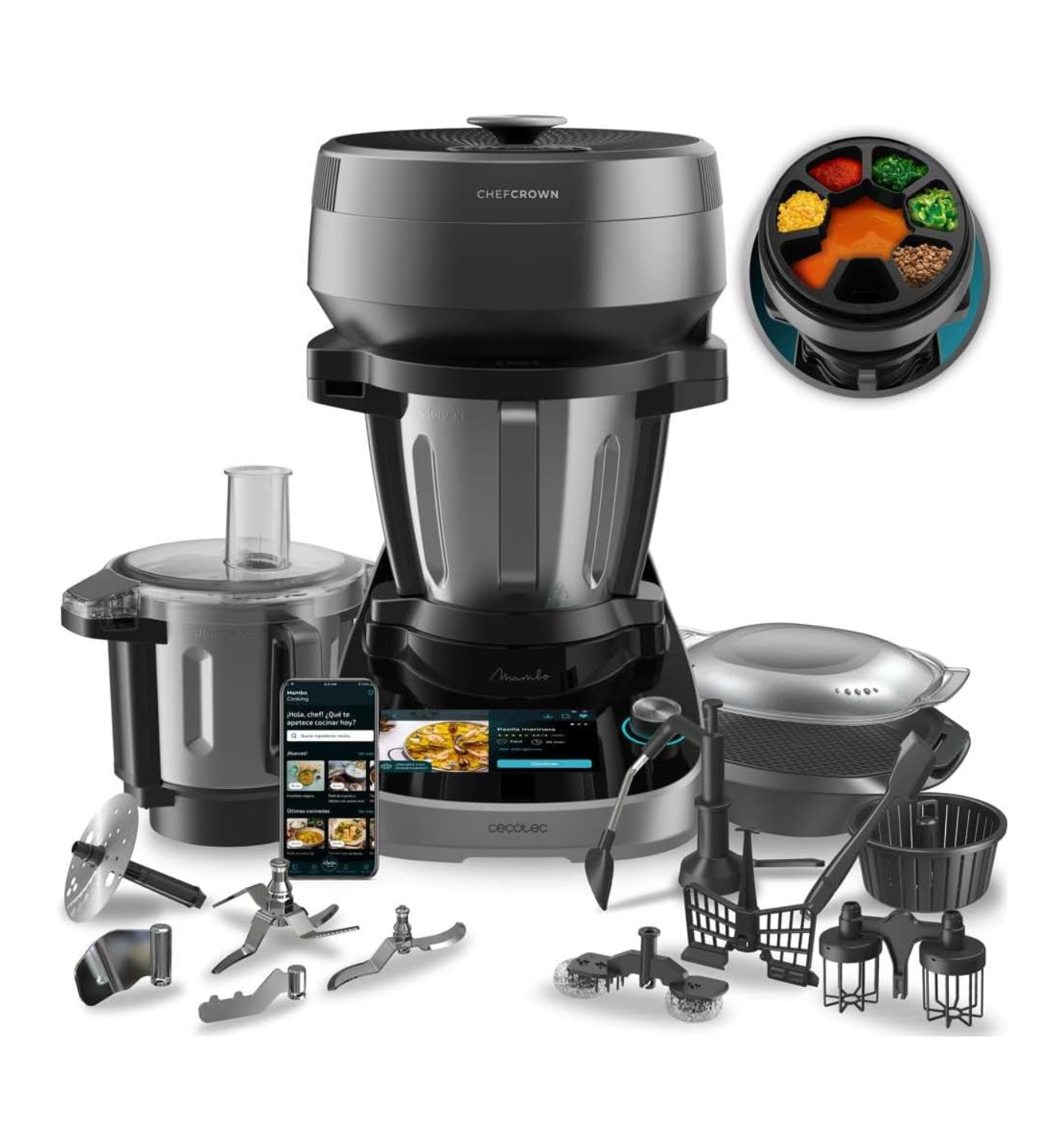 Cecotec Robot de Cocina Multifunción con Dispensador de Alimentos Mambo CooKing Total Gourmet. 2200W, 45 Funciones
